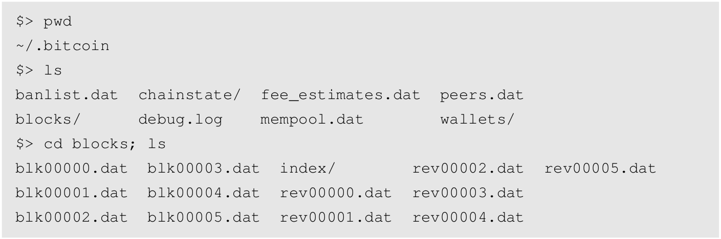 Terminal listing of Bitcoin Core data and block files