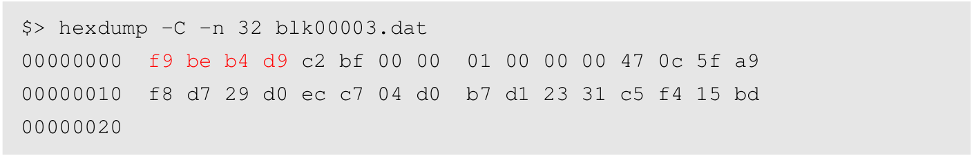 Hex dump with mainnet record magic highlighted