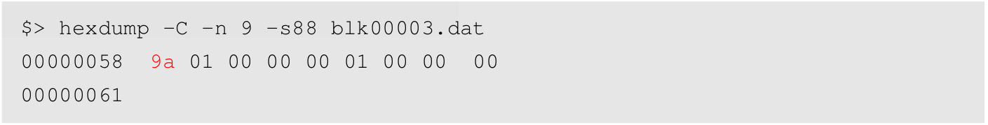 Hex dump highlighting the transaction count 9a