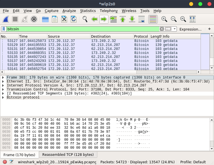 Original Wireshark window showing captured Bitcoin network traffic