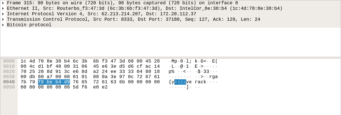Wireshark capture highlighting Bitcoin mainnet magic bytes