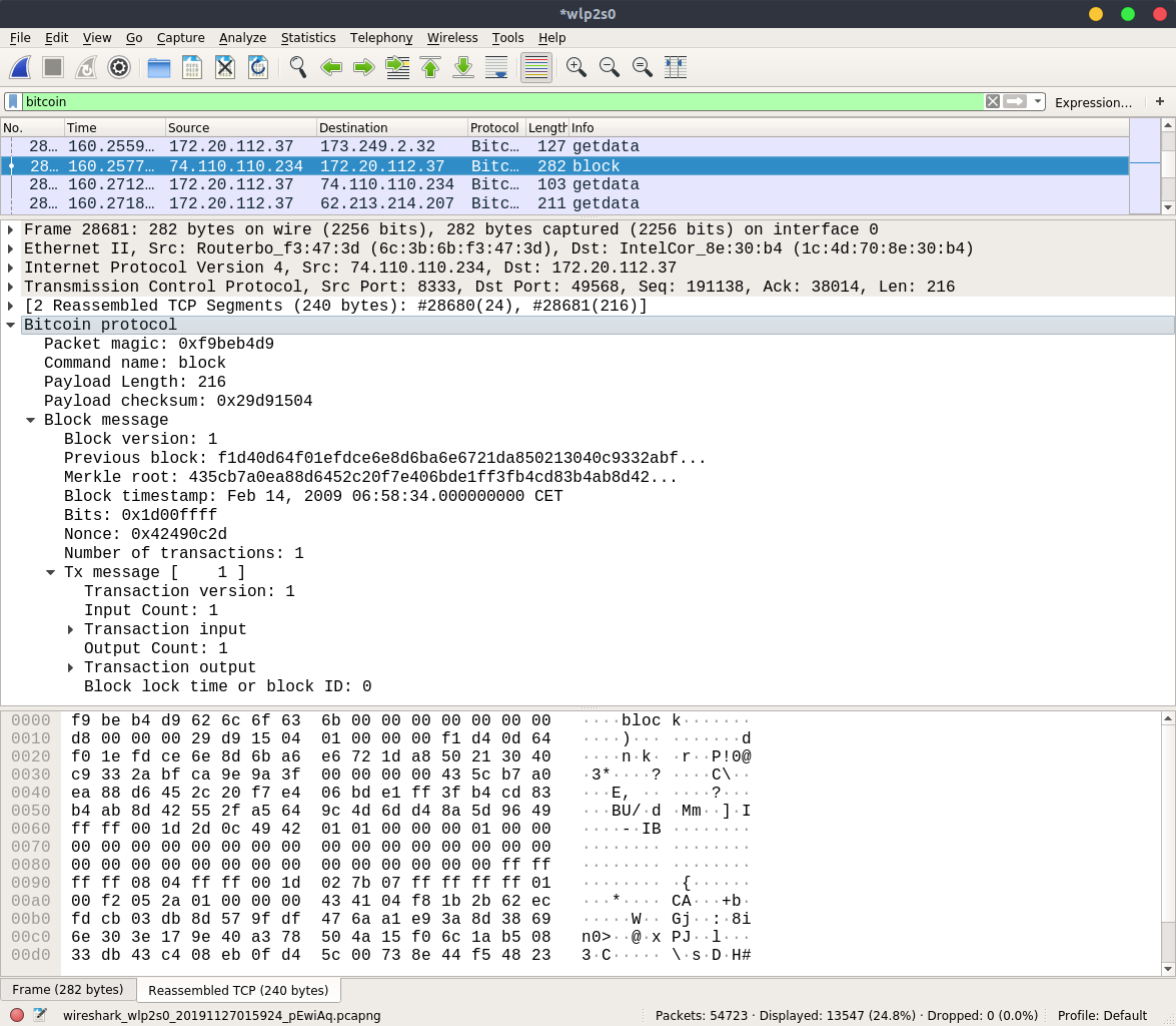 Wireshark capture expanding a Bitcoin block response and its header