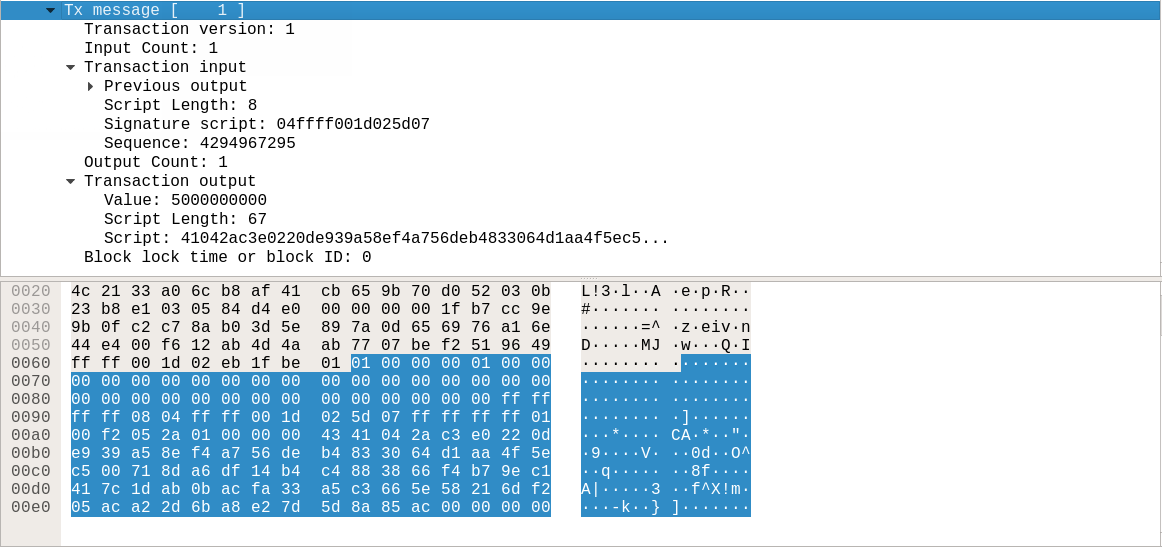 Wireshark capture expanding a coinbase transaction and its 50 BTC output